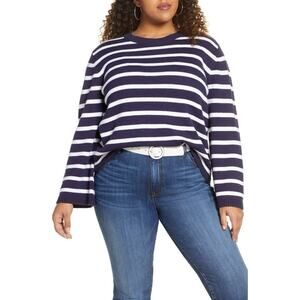 Halogen X Atlantic-Pacific Crew Sweater Sz Large Navy/White Cathy Stripes NWT